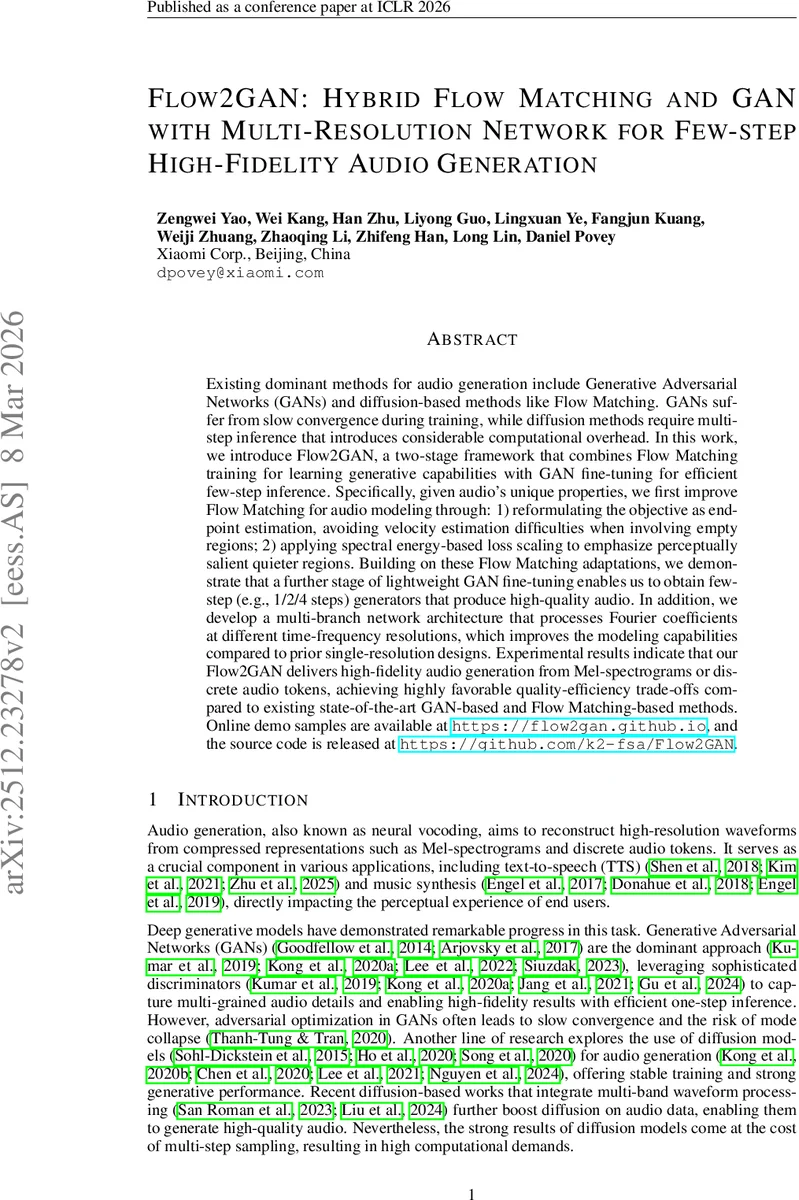 Flow2GAN 고품질 오디오 생성을 위한 하이브리드 흐름 매칭·GAN 및 다중해상도 네트워크
