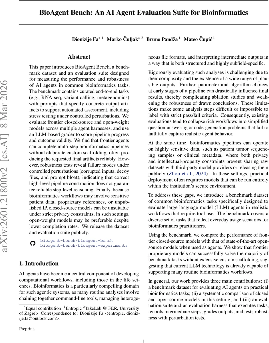 바이오에이전트 벤치 생물정보학 AI 에이전트 평가 종합 세트