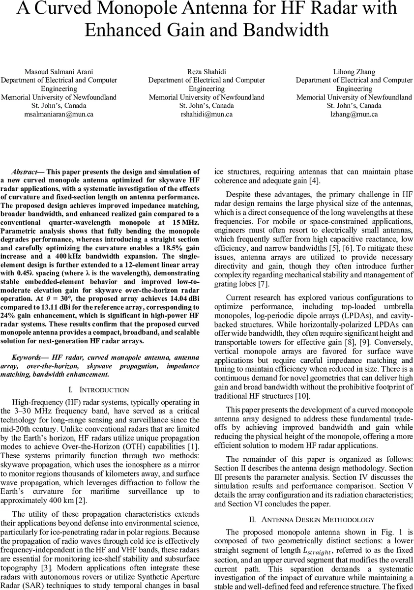 곡선형 단극 안테나를 이용한 고이득·광대역 HF 레이더 설계