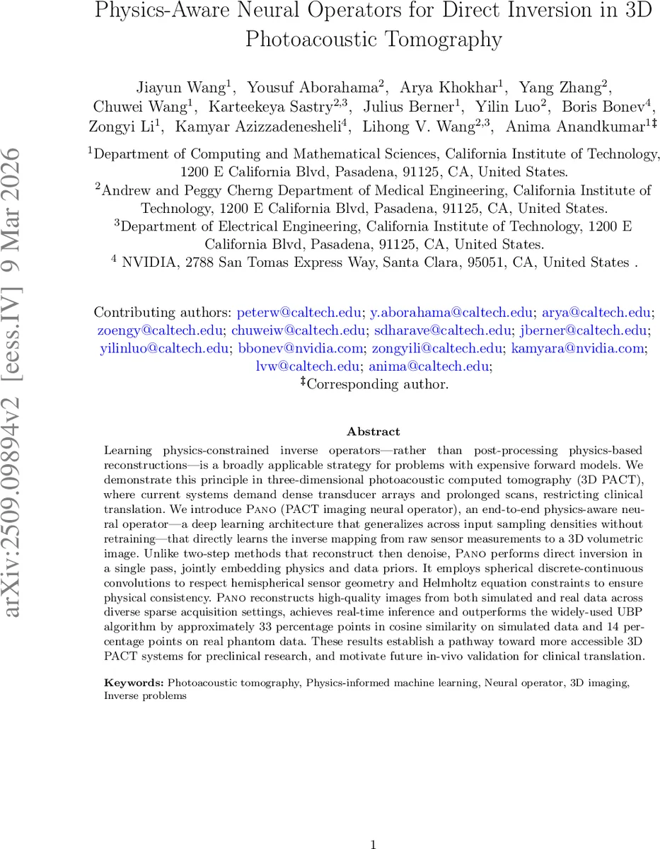 물리 인식 신경 연산자를 활용한 3차원 광음향 촬영 직접 역변환