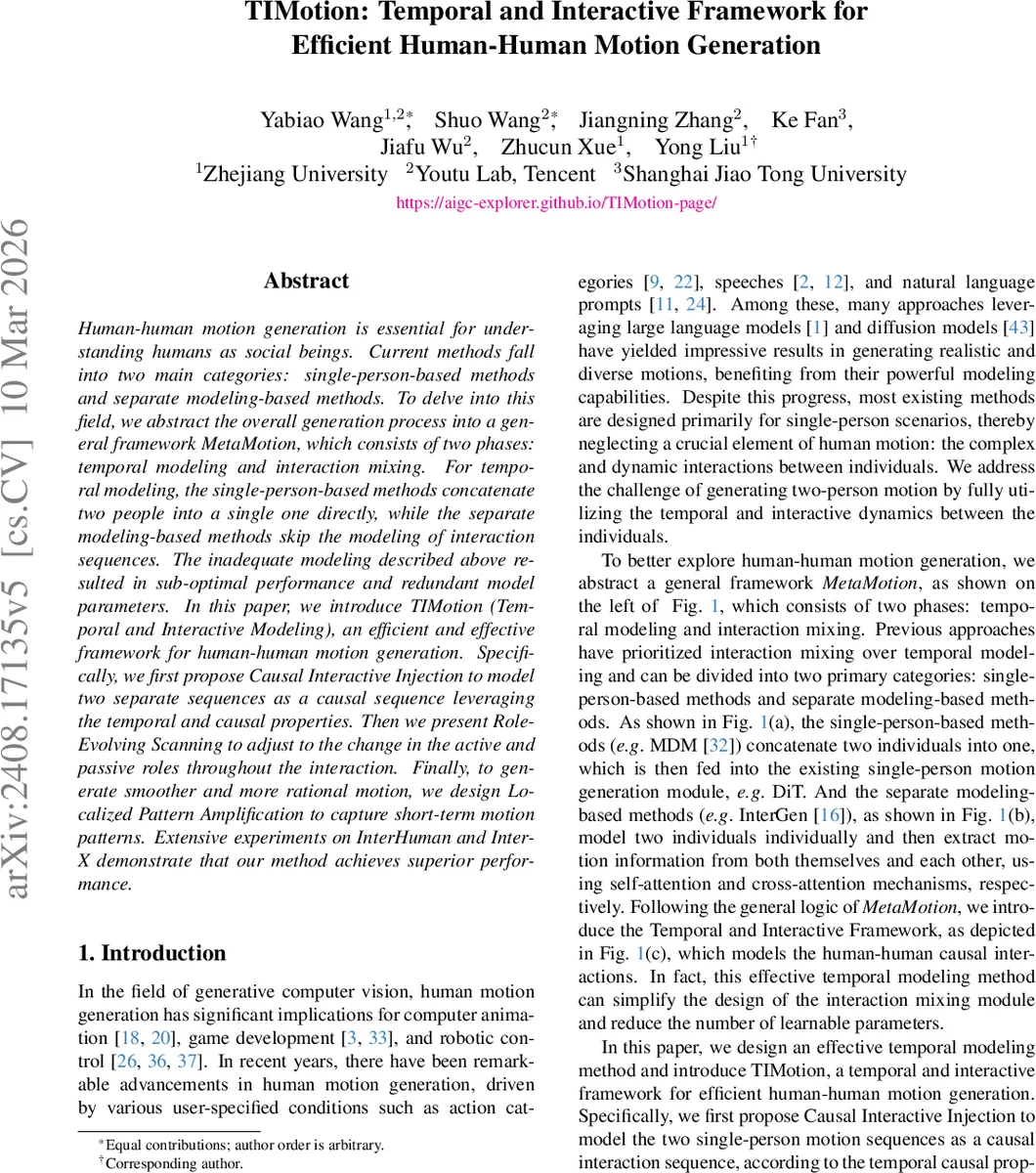 시간·상호작용 기반 효율적 인간‑인간 모션 생성 프레임워크