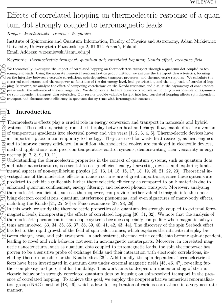 상관 hopping이 강하게 결합된 양자점의 열전 응답에 미치는 영향