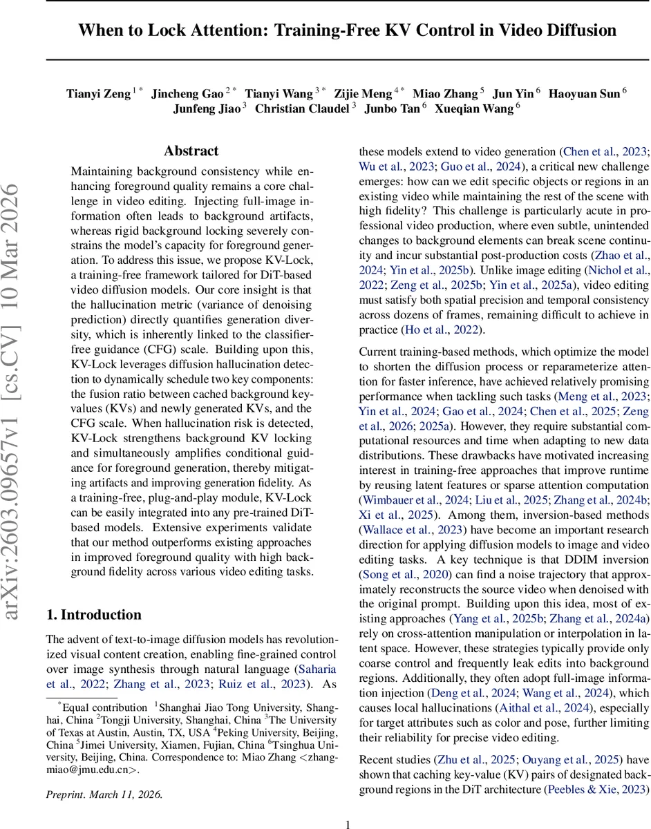 주의 잠금 시점 제어 훈련‑무료 KV 기반 비디오 디퓨전