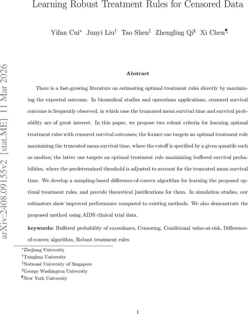 검열된 생존 데이터에서 강인한 치료 규칙 학습