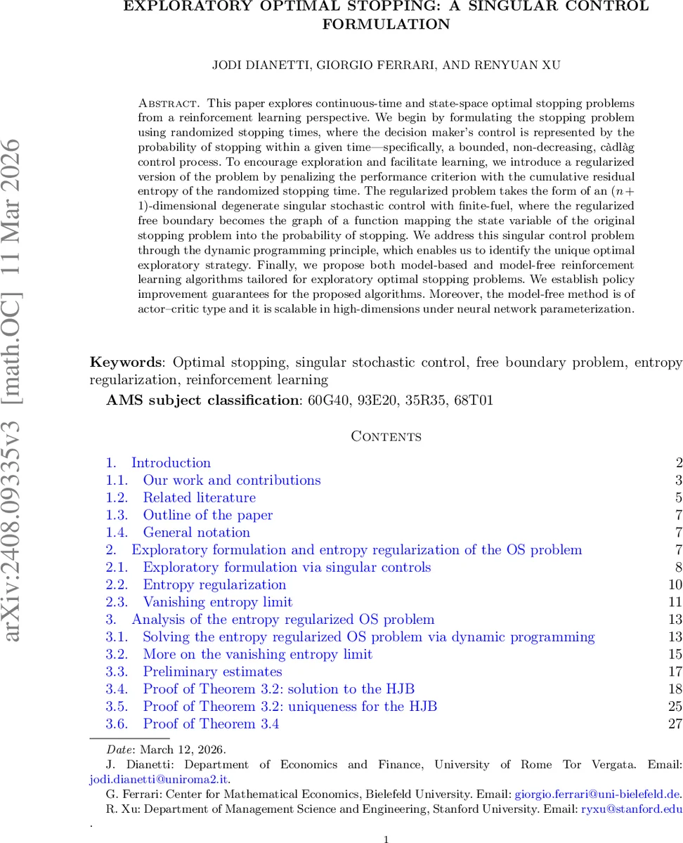 탐험적 최적 정지와 엔트로피 정규화: 특이 제어 접근법