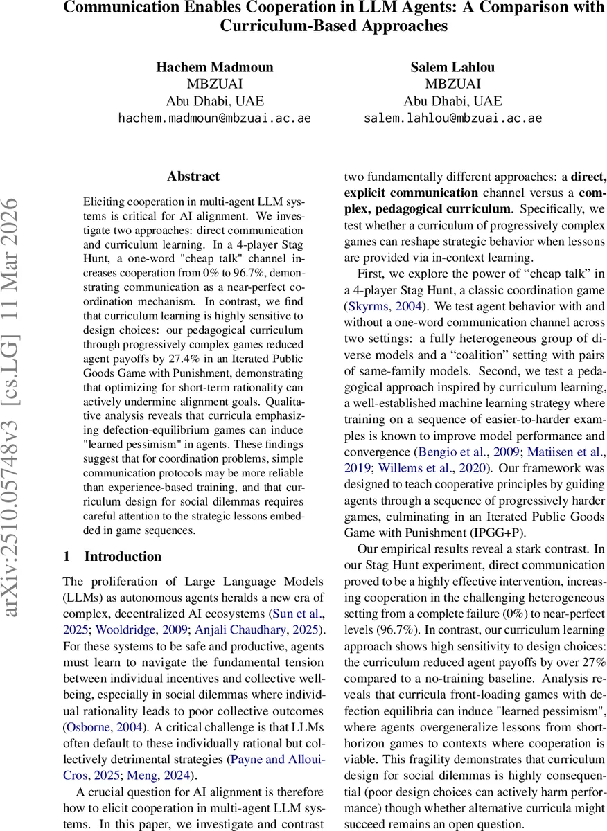 소통이 협력을 이끈다 LLM 에이전트의 커리큘럼 대비 효과