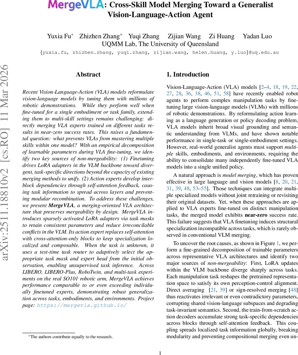 멀티스킬 로봇을 위한 MergeVLA 모델 병합 기반 일반화 비전 언어 액션 에이전트