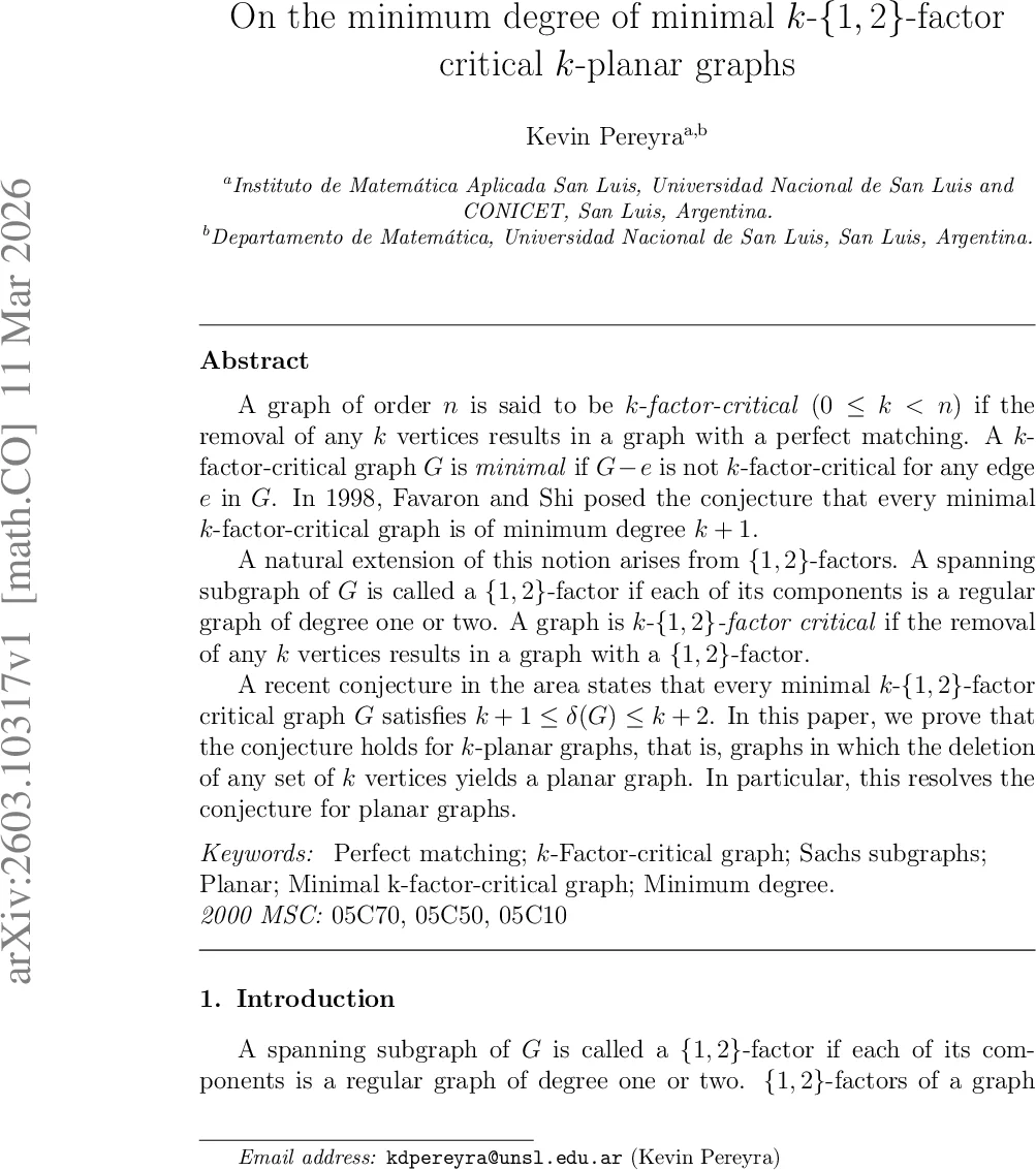 플래너리 그래프에서 최소 k‑{1,2}‑팩터 크리티컬 그래프의 최소 차수 규명