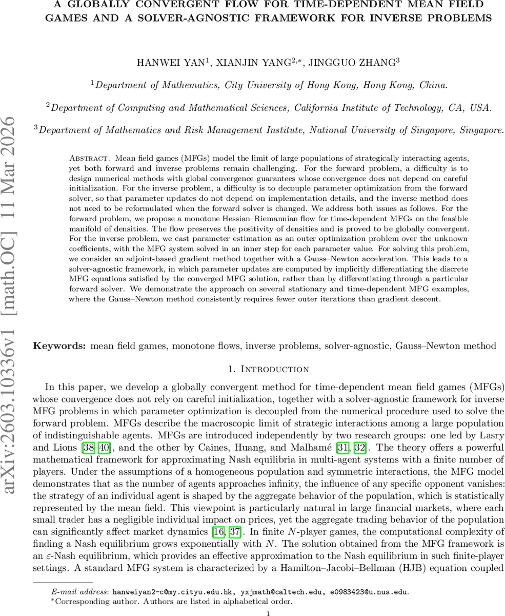시간 의존 평균장 게임을 위한 전역 수렴 흐름과 솔버 독립 역문제 프레임워크