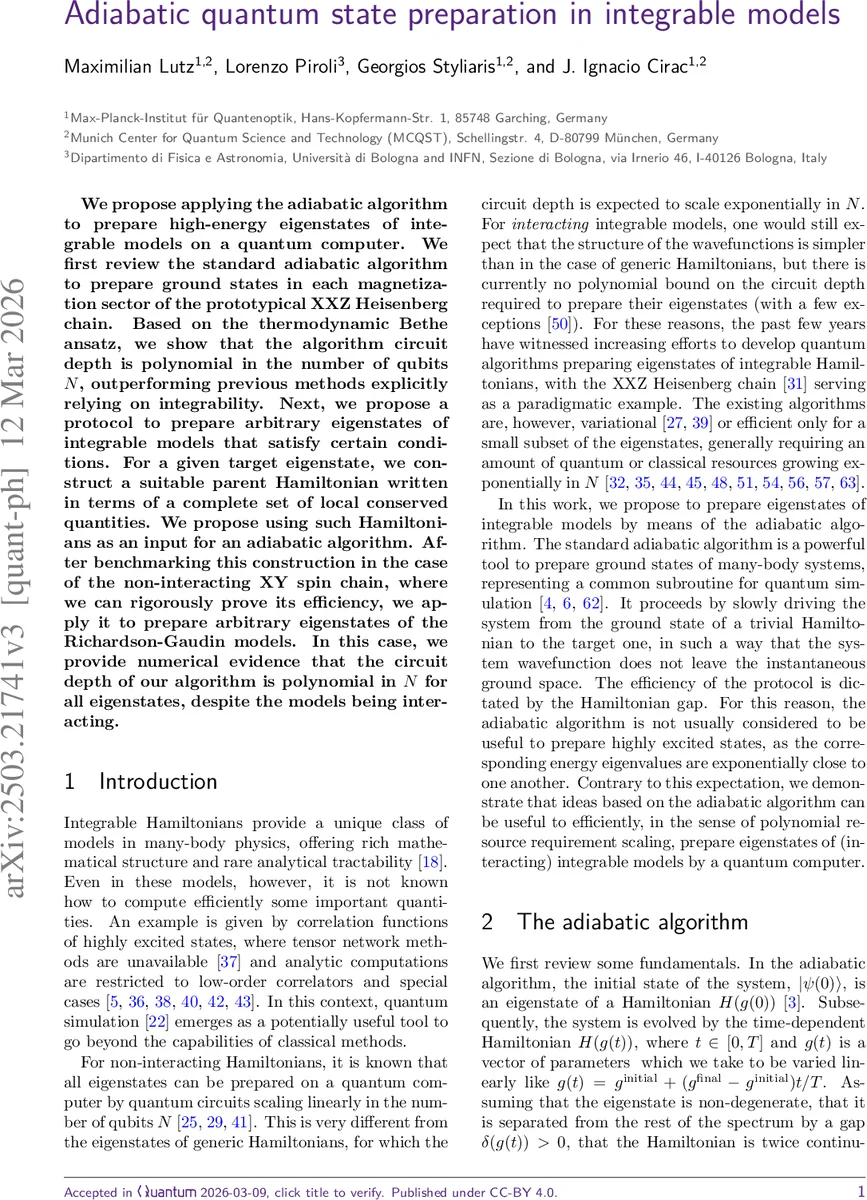 통합가능 모델의 고에너지 상태를 위한 효율적 아디아빗 양자 준비법