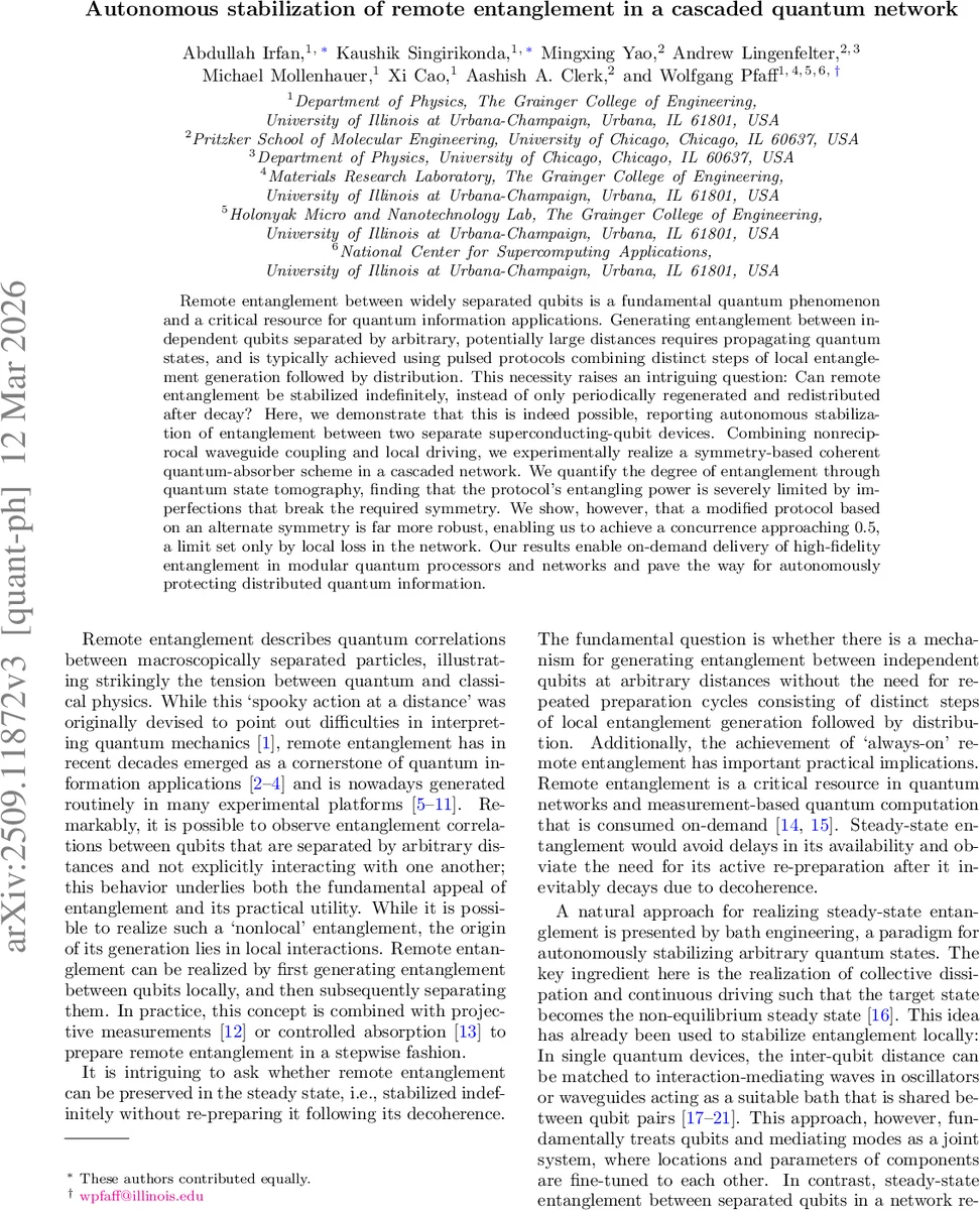 원격 얽힘의 자율 안정화: 캐스케이드 양자 네트워크 구현