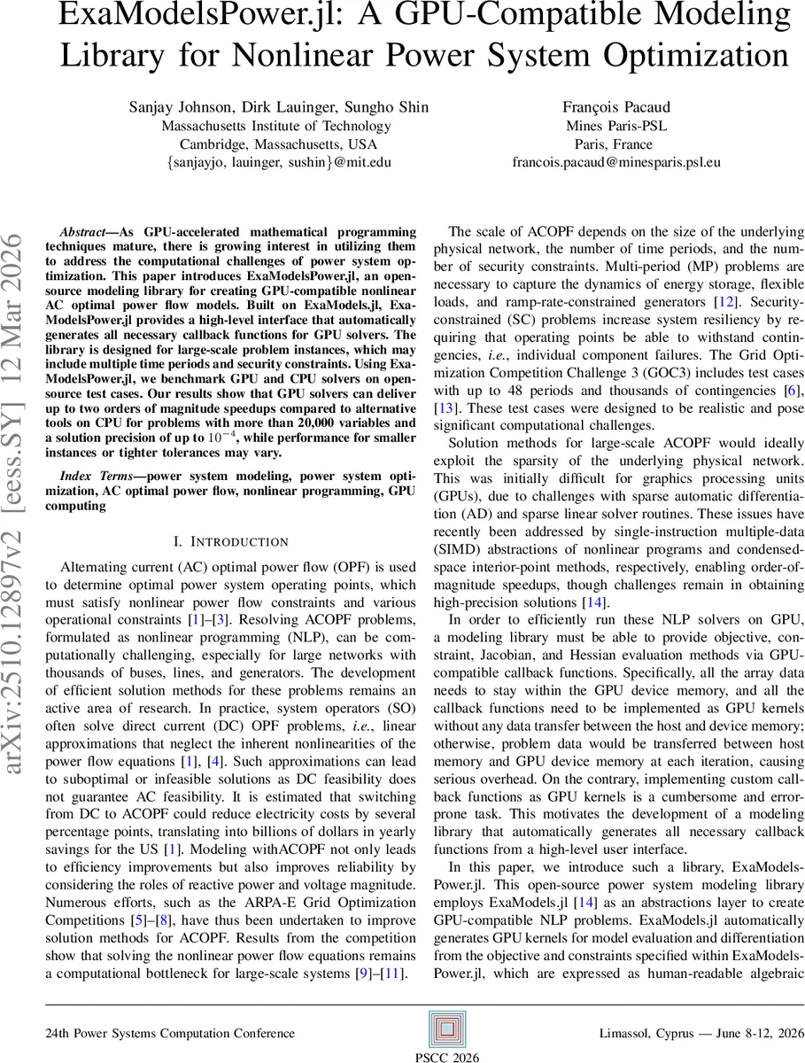 GPU 기반 AC OPF 모델링을 위한 ExaModelsPower.jl: 고성능 비선형 최적화 라이브러리