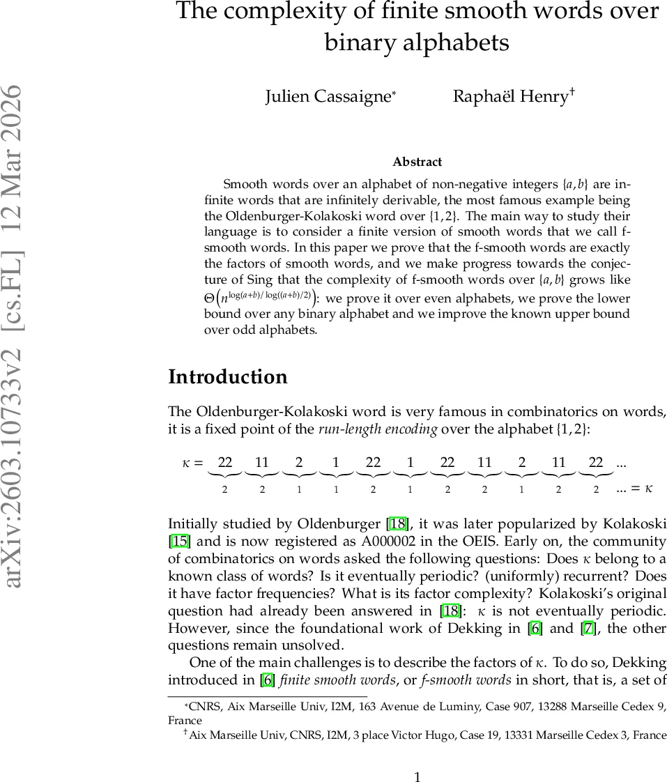 이진 알파벳에서 유한 매끄러운 단어들의 복잡도와 구조적 특성
