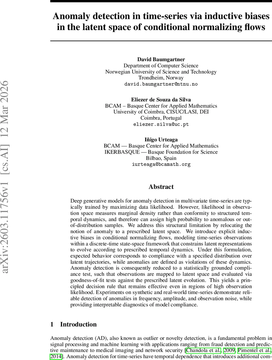 조건부 정규화 흐름의 잠재 공간에서 유도 편향을 활용한 시계열 이상 탐지