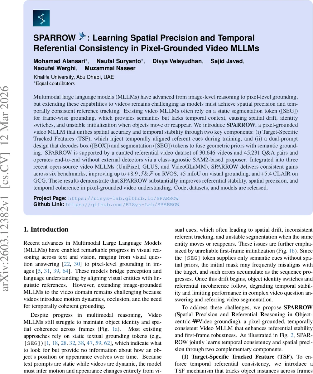 동영상 MLLM을 위한 공간 정밀도와 시간 일관성 강화: SPARROW