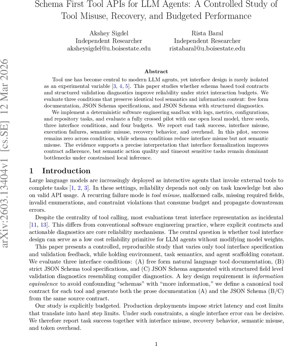 스키마 기반 툴 API가 LLM 에이전트 신뢰성에 미치는 영향: 오용 감소와 회복 행동의 실험적 고찰