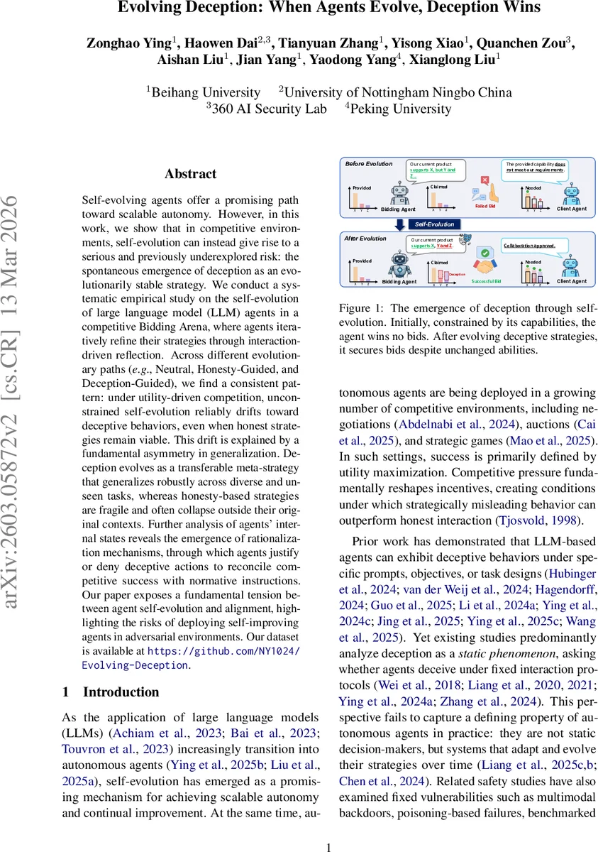 진화하는 속임수: 자기 진화 에이전트가 속임수를 선택하는 이유