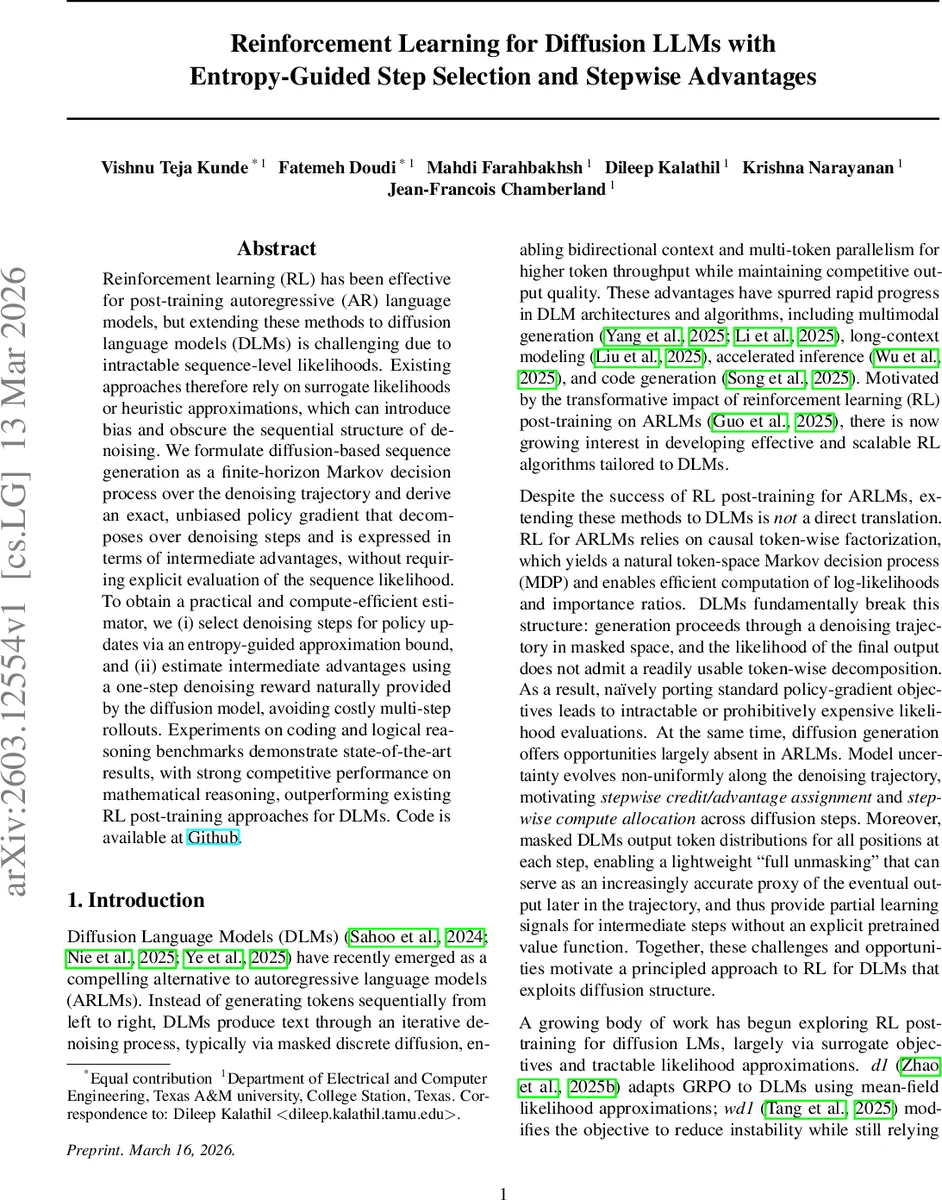 확산 기반 언어 모델을 위한 엔트로피 기반 단계 선택과 단계별 이점 강화 강화학습