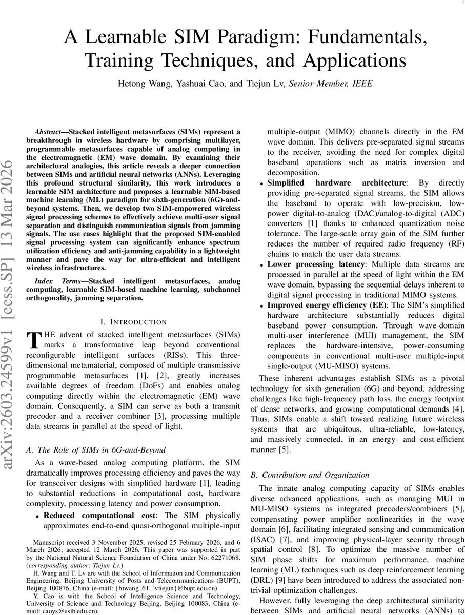 학습 가능한 스택형 지능형 메타서페이스(SIM) 기반 무선 신호 처리 혁신