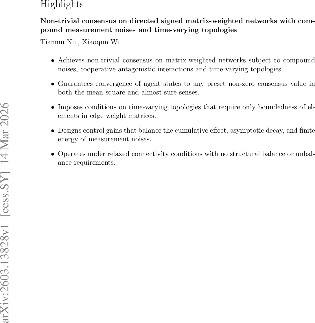 시간변화 토폴로지와 복합 잡음이 있는 방향성 부호 행렬 가중 네트워크의 비자명 합의