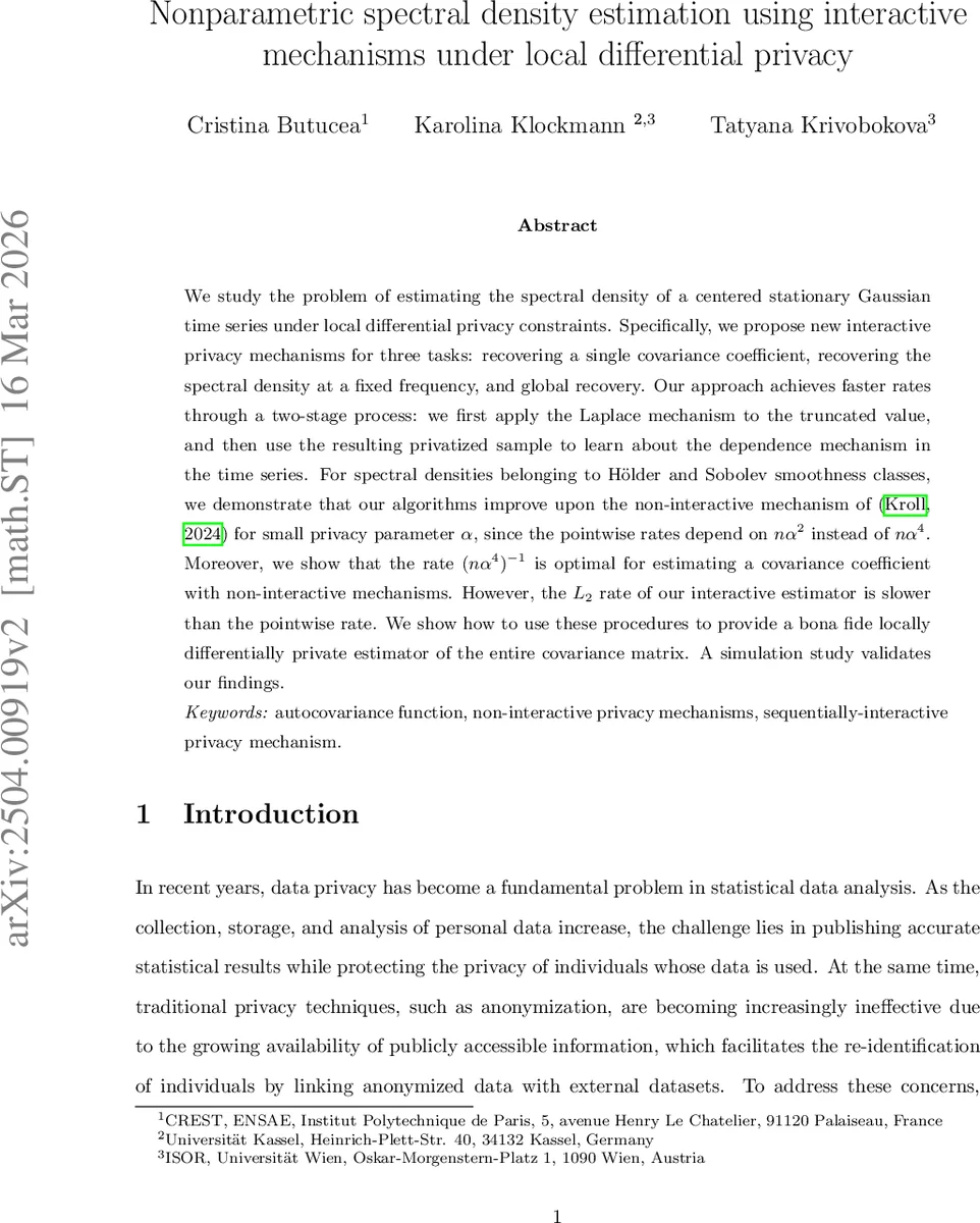 상호작용 로컬 차등 프라이버시를 이용한 비모수 스펙트럼 밀도 추정