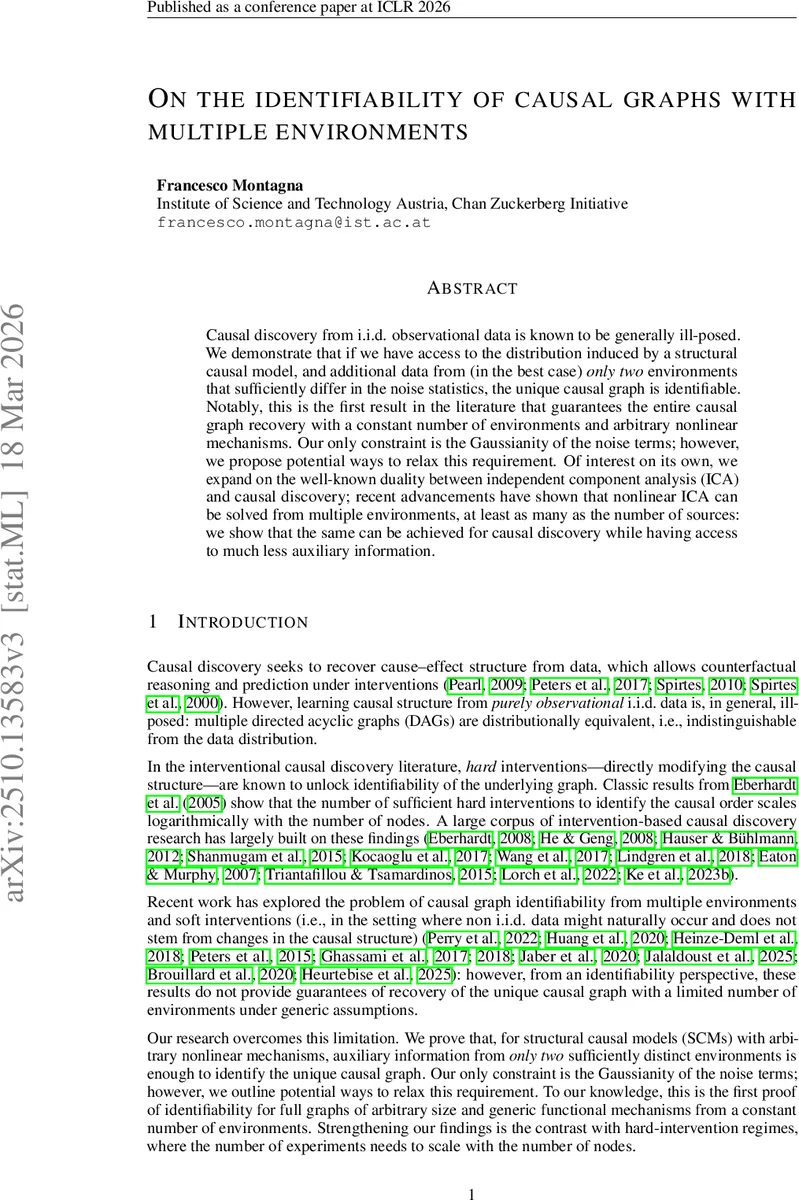 두 환경만으로 인과 그래프를 완전 복원한다