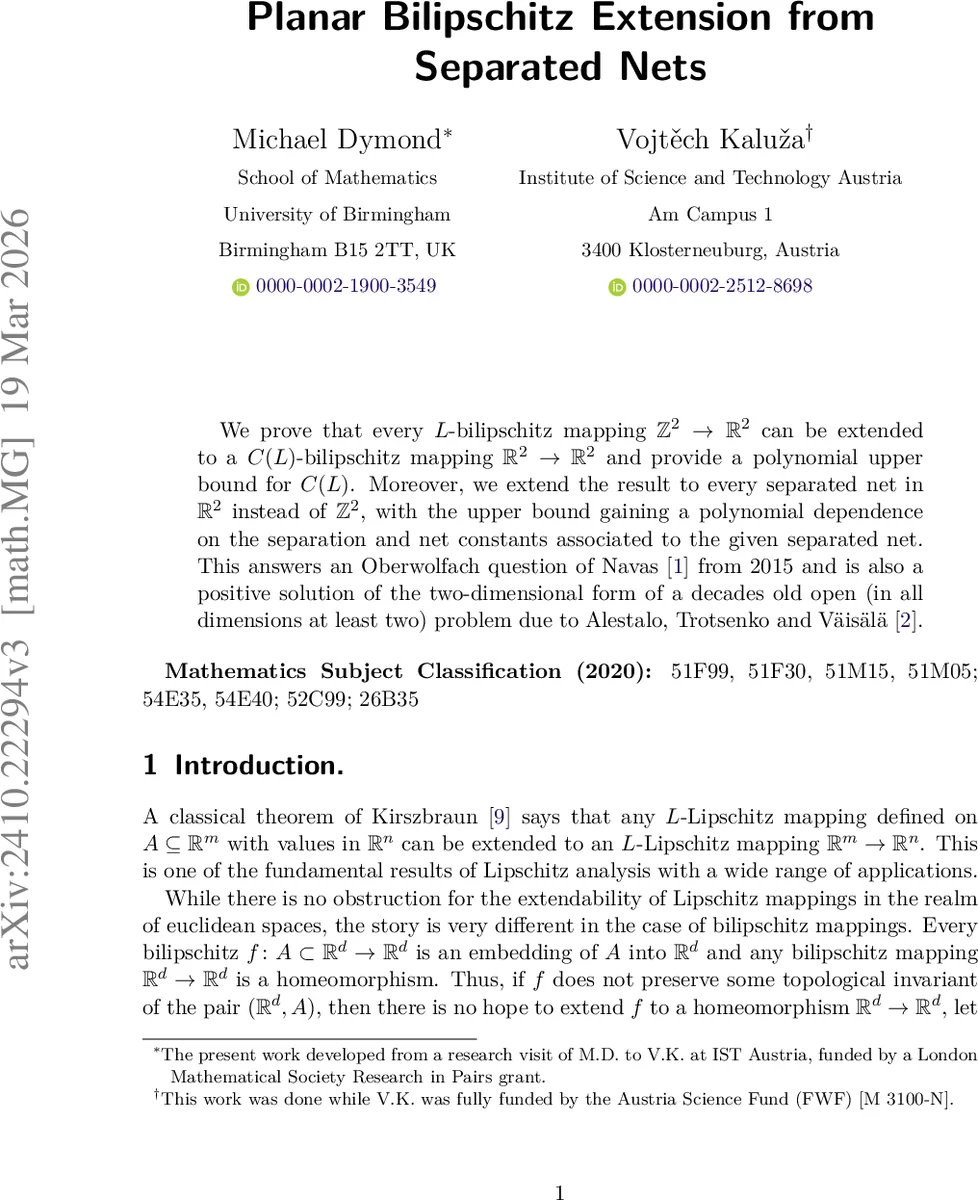 평면에서 분리된 격자에 대한 다중리프시츠 연장 및 다항식 상수 추정