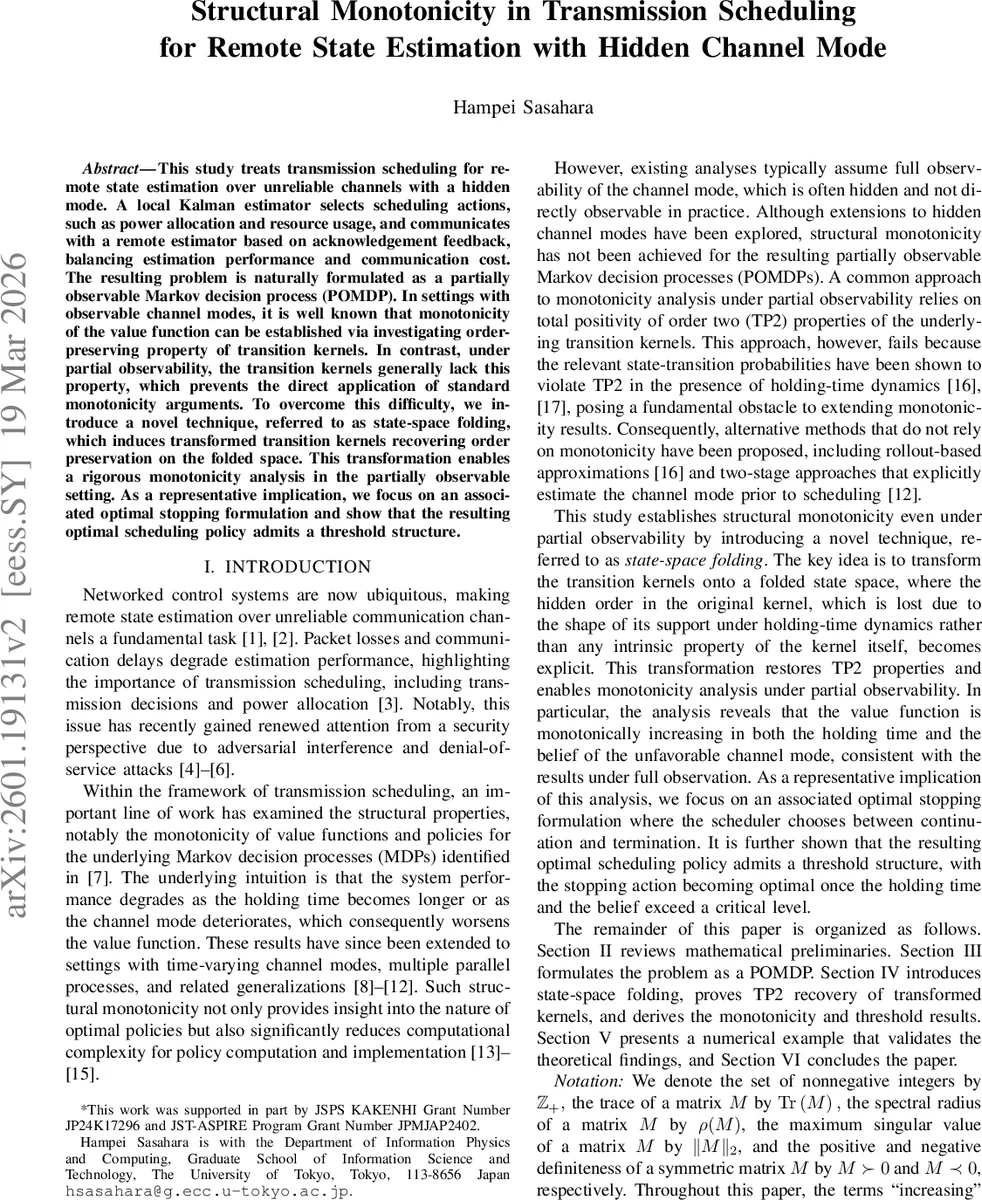 숨겨진 채널 모드에서 원격 상태 추정을 위한 전송 스케줄링의 구조적 단조성