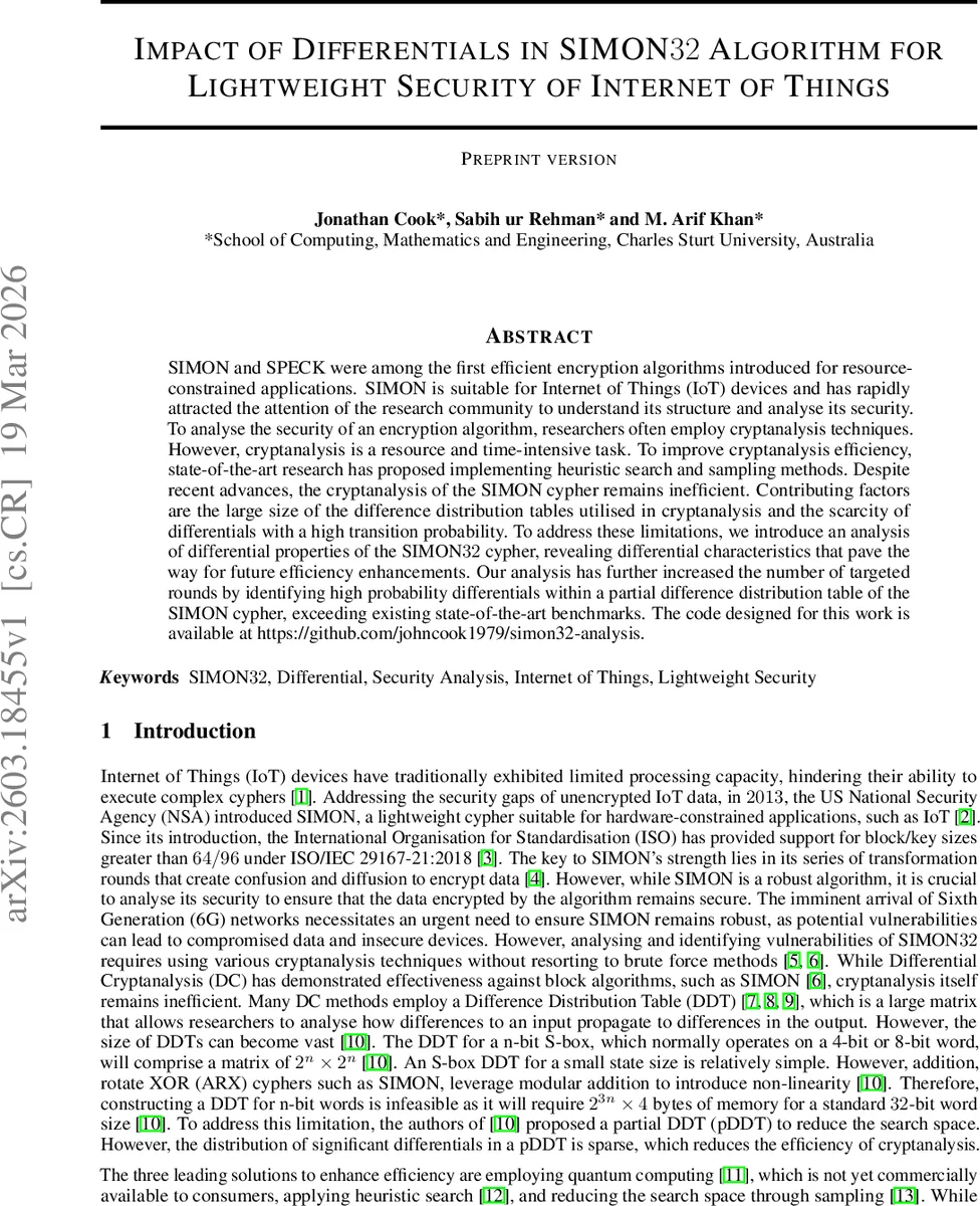 SIMON32 차분 분석으로 경량 IoT 보안 강화
