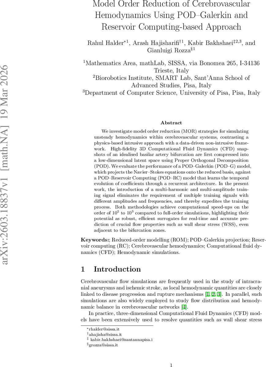 뇌혈관 혈류 모델 차원축소 POD Galerkin과 Reservoir Computing 비교