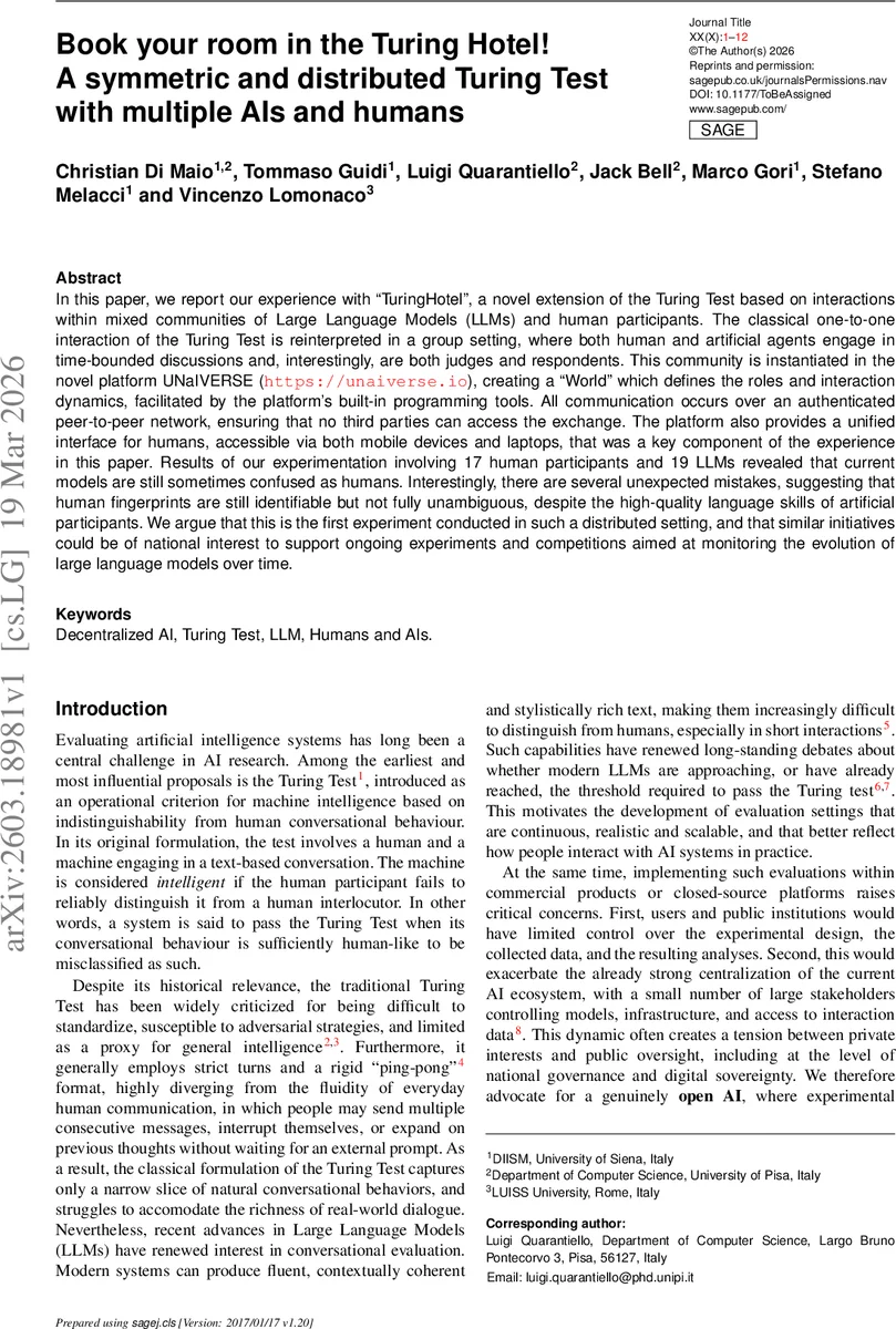 투링 호텔: 다중 AI와 인간이 참여하는 분산형 투링 테스트