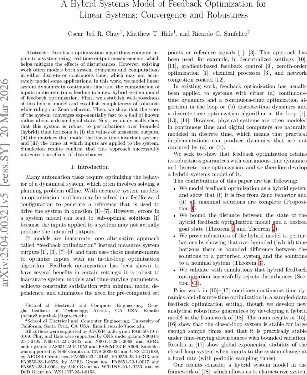 연속‑이산 하이브리드 피드백 최적화: 수렴성 및 강인성 분석