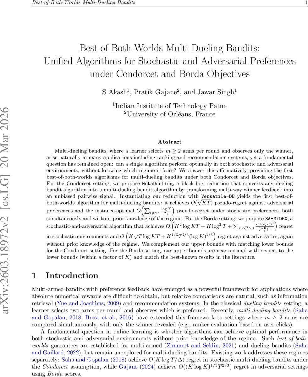 다중 듀얼링 밴드에서 확률·적대적 환경을 동시에 최적화하는 통합 알고리즘