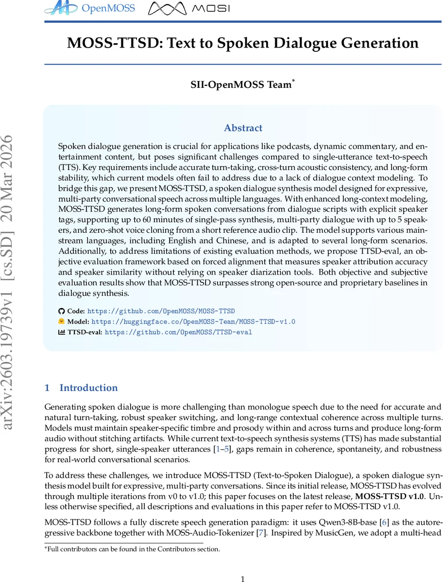 멀티파티 대화 음성 합성의 새로운 패러다임, MOSS‑TTSD