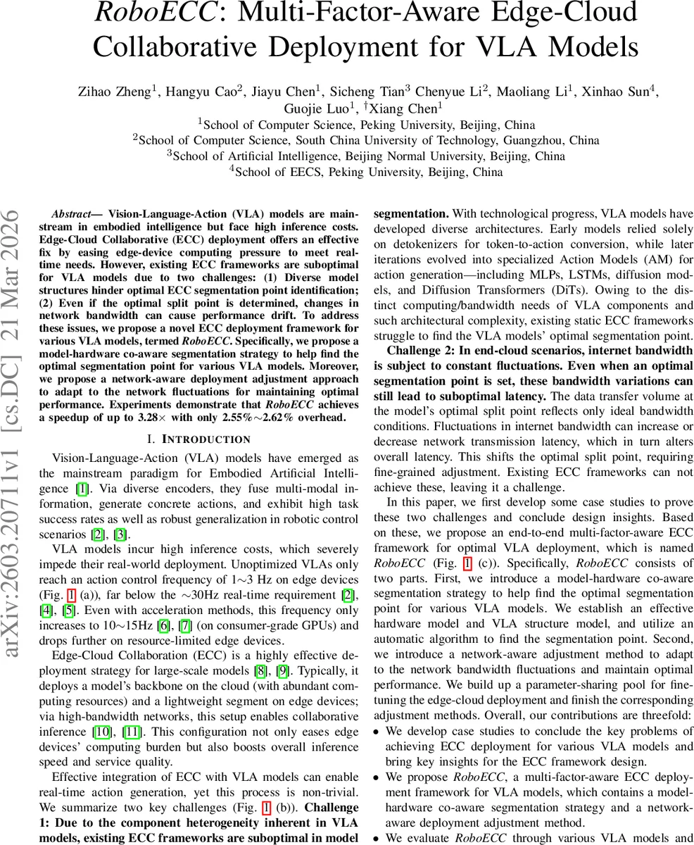 RoboECC: VLA 모델을 위한 다중요인 인식 엣지‑클라우드 협업 배포 프레임워크