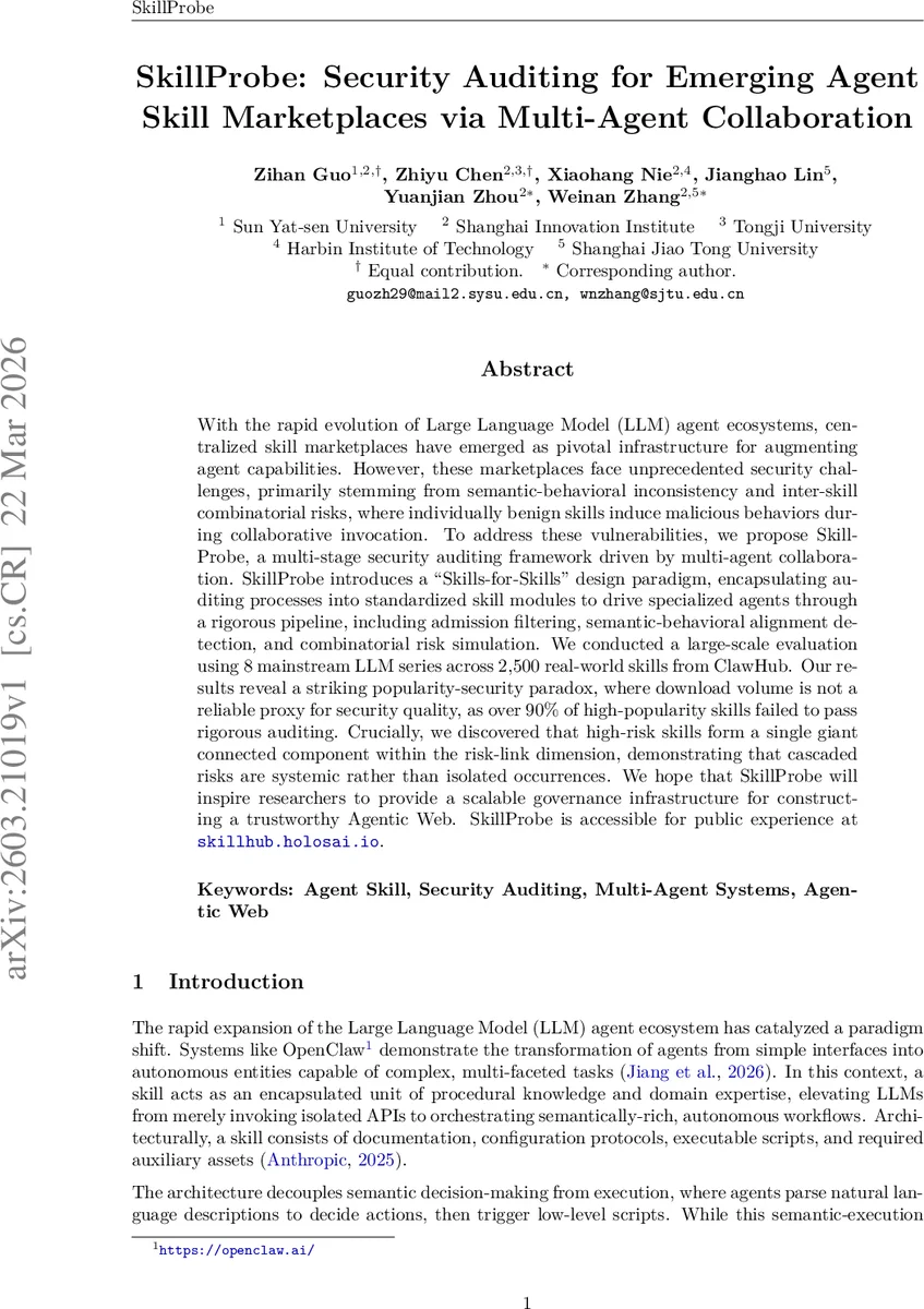에이전트 스킬 마켓 보안을 위한 SkillProbe 분석