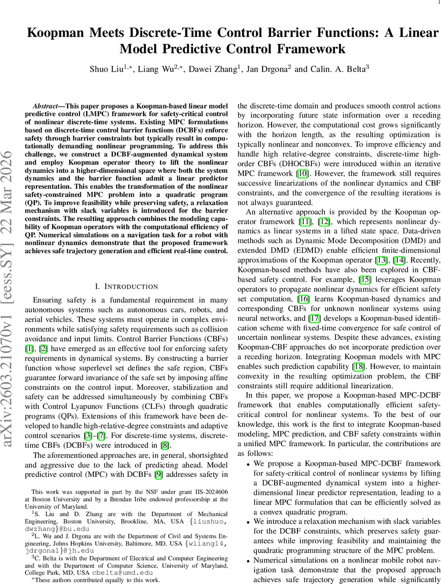 쿠프만 기반 선형 MPC와 이산시간 제어 배리어 함수의 통합