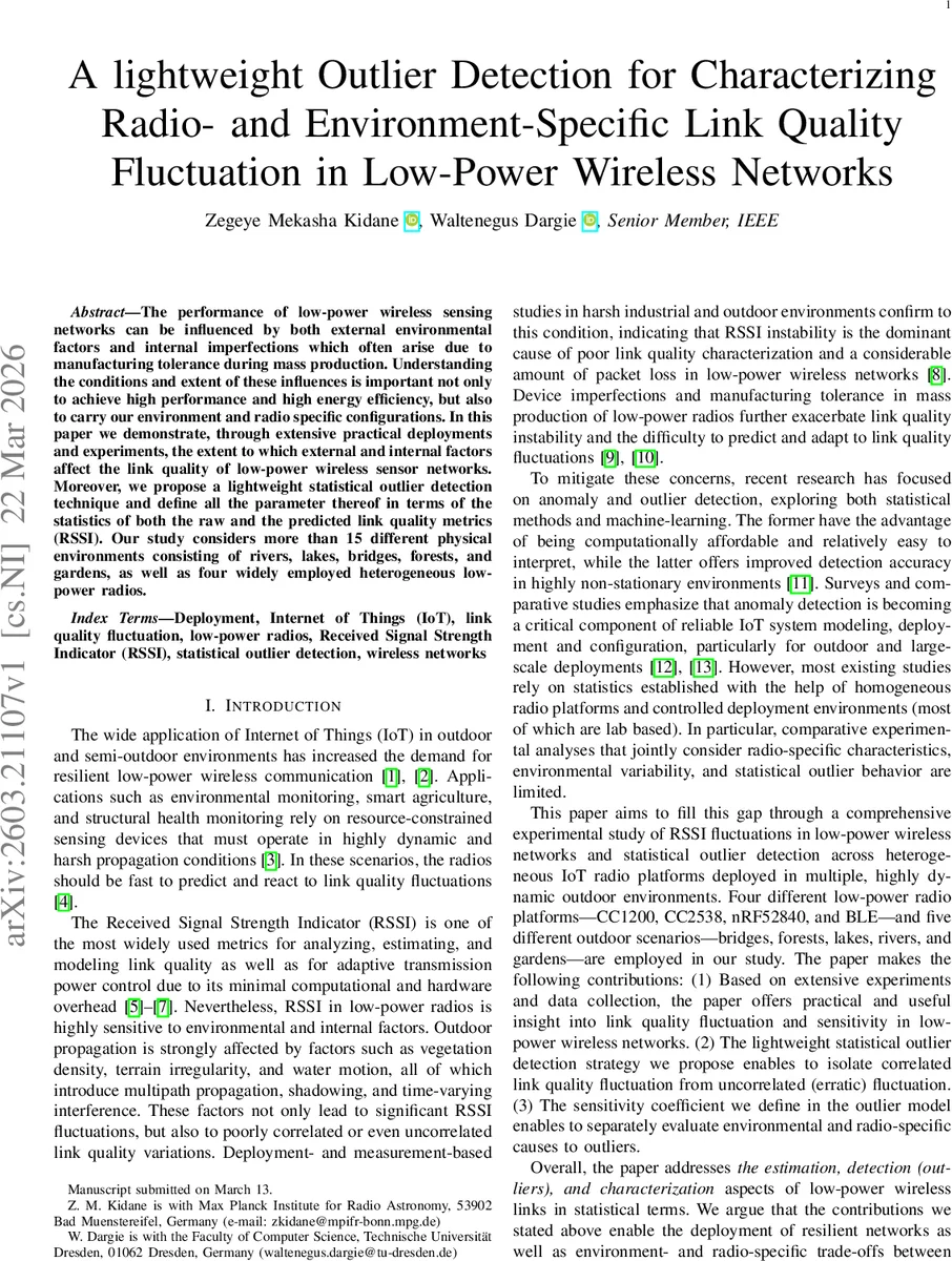 저전력 무선 네트워크 RSSI 이상치 경량 탐지와 환경·라디오 특성 분석