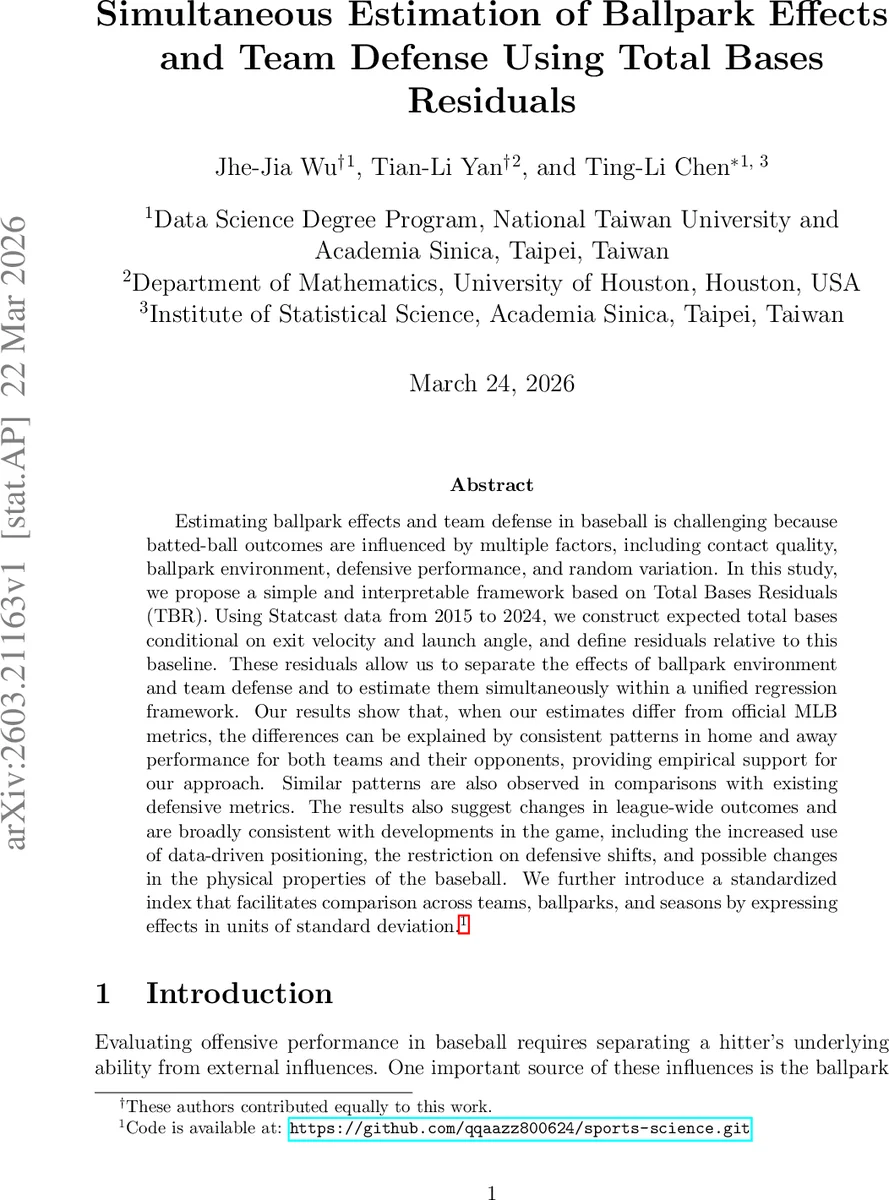 볼파크와 수비 효과를 동시에 추정하는 총루타 잔차 모델