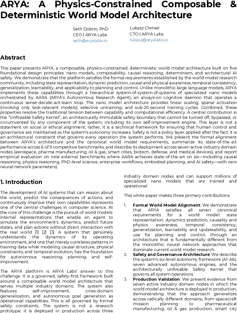 물리제약 조합형 결정론적 세계 모델 ARYA