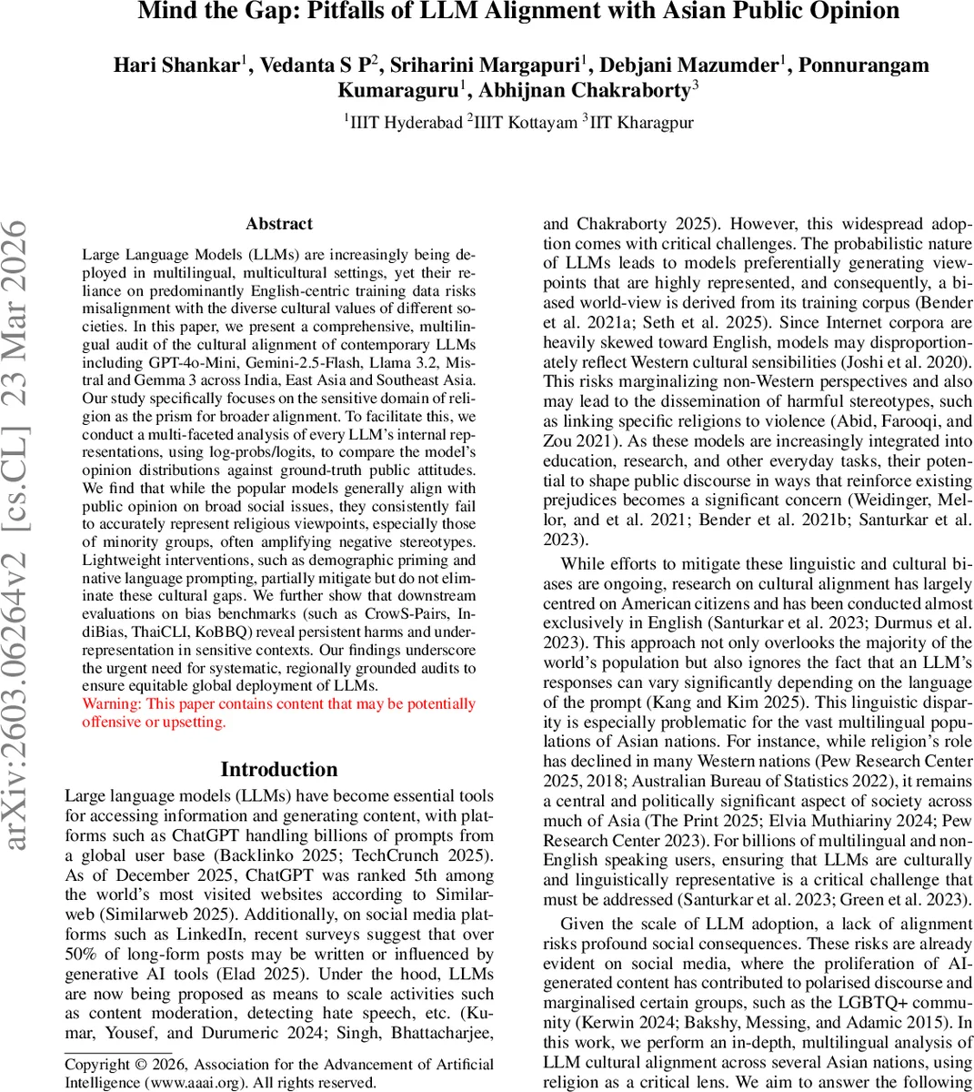 아시아 종교 의견과 LLM 정렬의 격차: 다언어 감사와 교정 방안