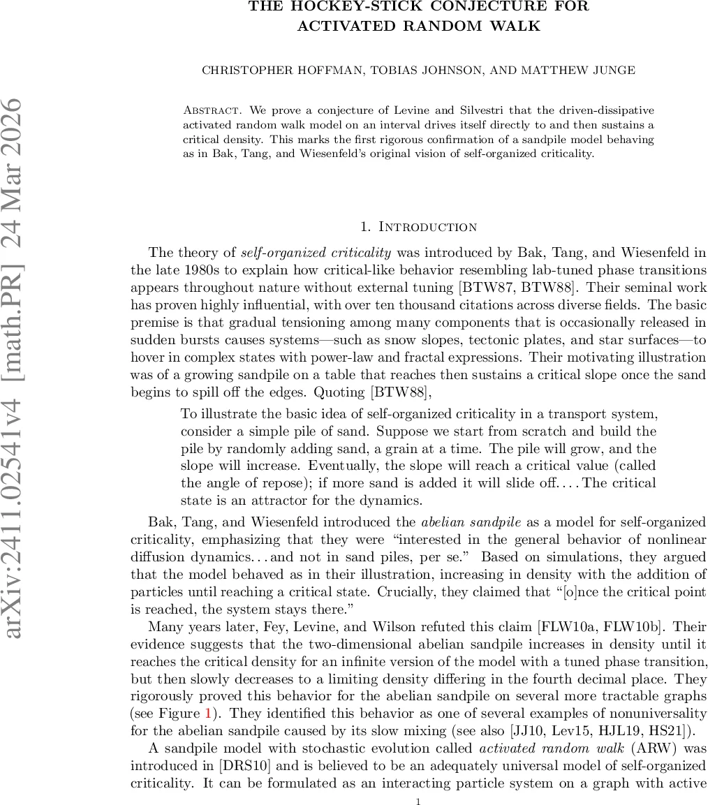 활성화 랜덤 워크의 하키‑스틱 현상 증명