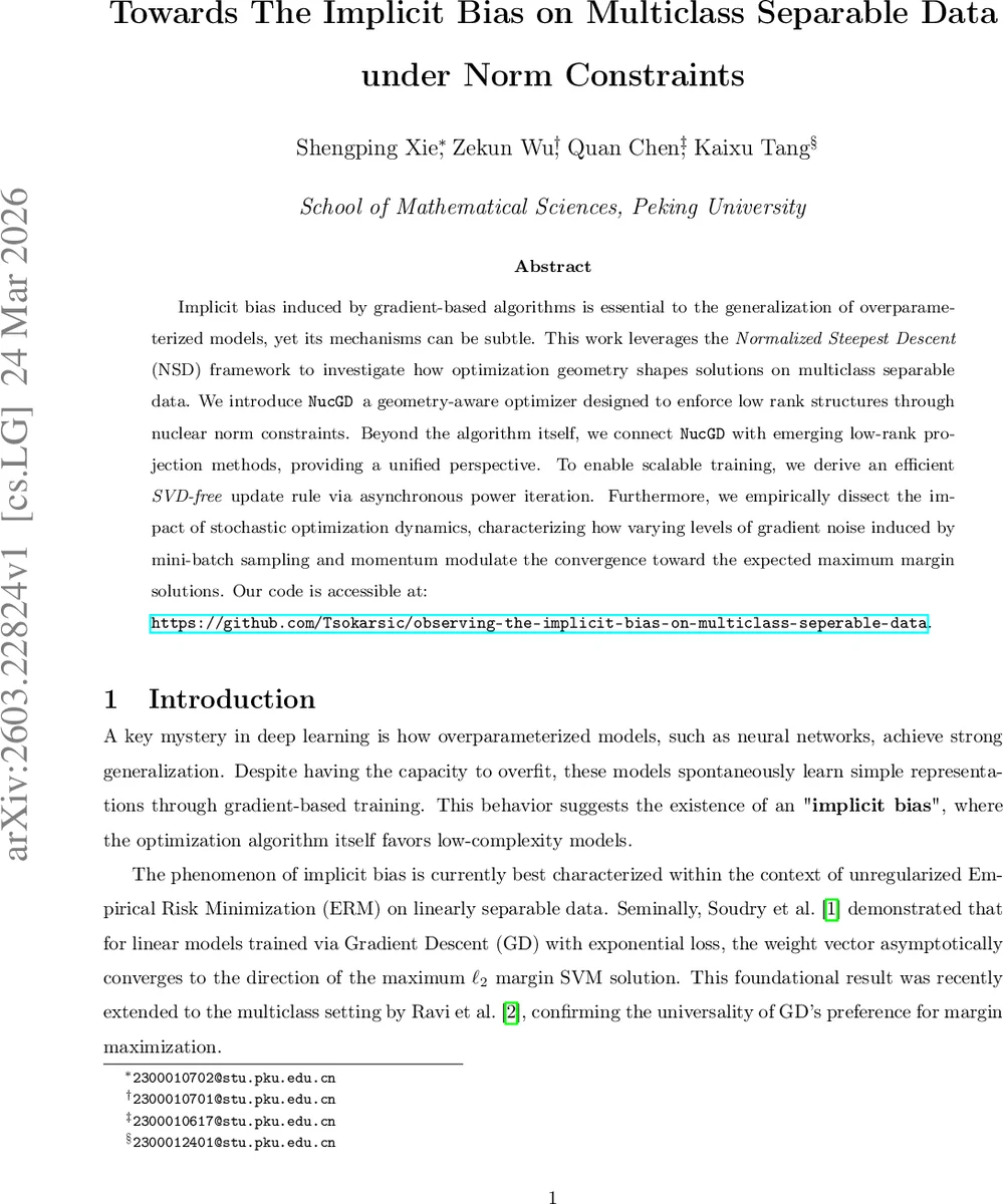 다중 클래스 분리 데이터에서 핵심 규범 제약 하의 암묵적 편향 탐구