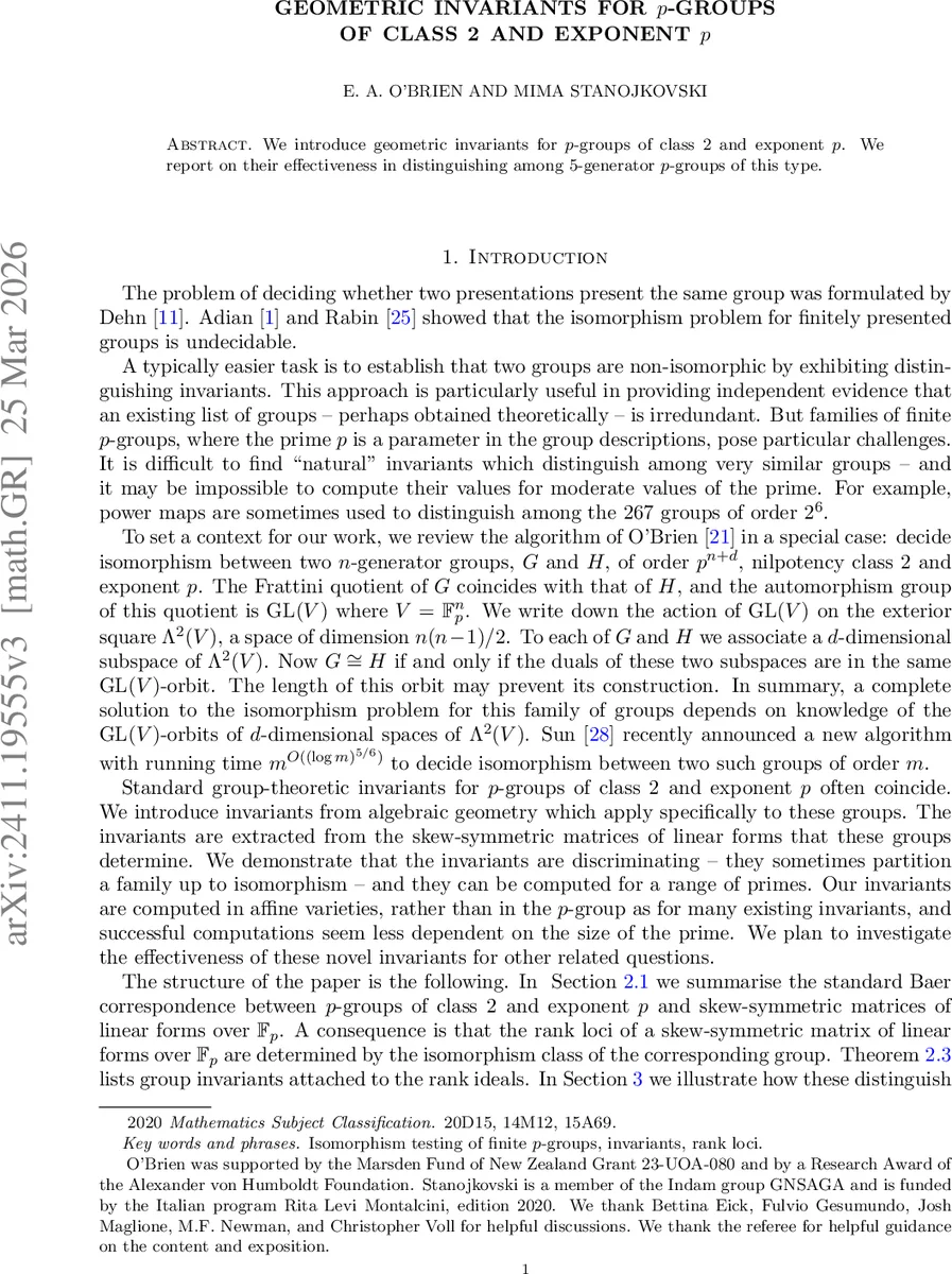 클래스2와 지수 p p‑군을 위한 기하학적 불변량