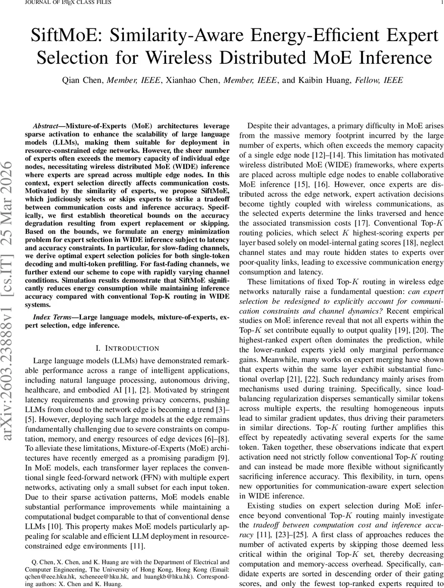 와이어리스 분산 MoE 추론을 위한 유사도 기반 에너지 절감 전문가 선택 SiftMoE