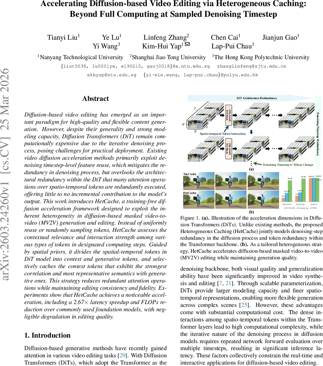 이질적 캐시로 가속하는 비디오 디퓨전 편집