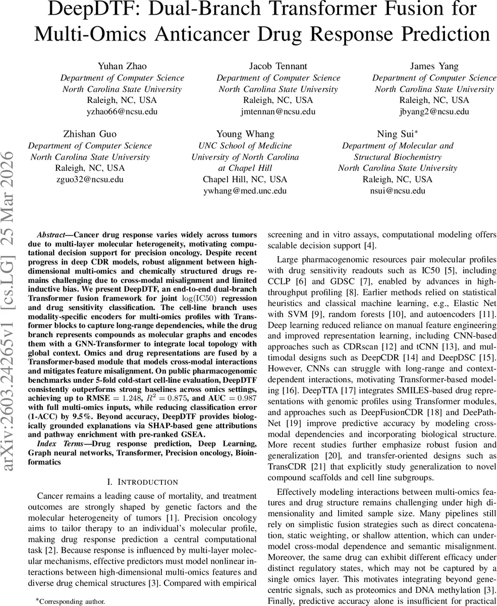 다중오믹스와 약물 그래프를 결합한 듀얼 트랜스포머 모델 DeepDTF