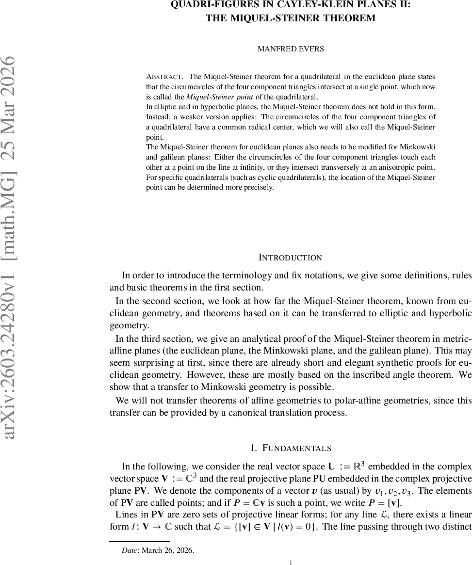 카이리‑클라인 평면에서의 미켈‑슈타이너 정리와 그 일반화