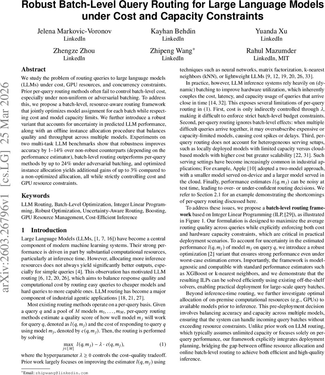 대규모 언어 모델을 위한 비용·용량 제약 하의 강인한 배치 수준 질의 라우팅