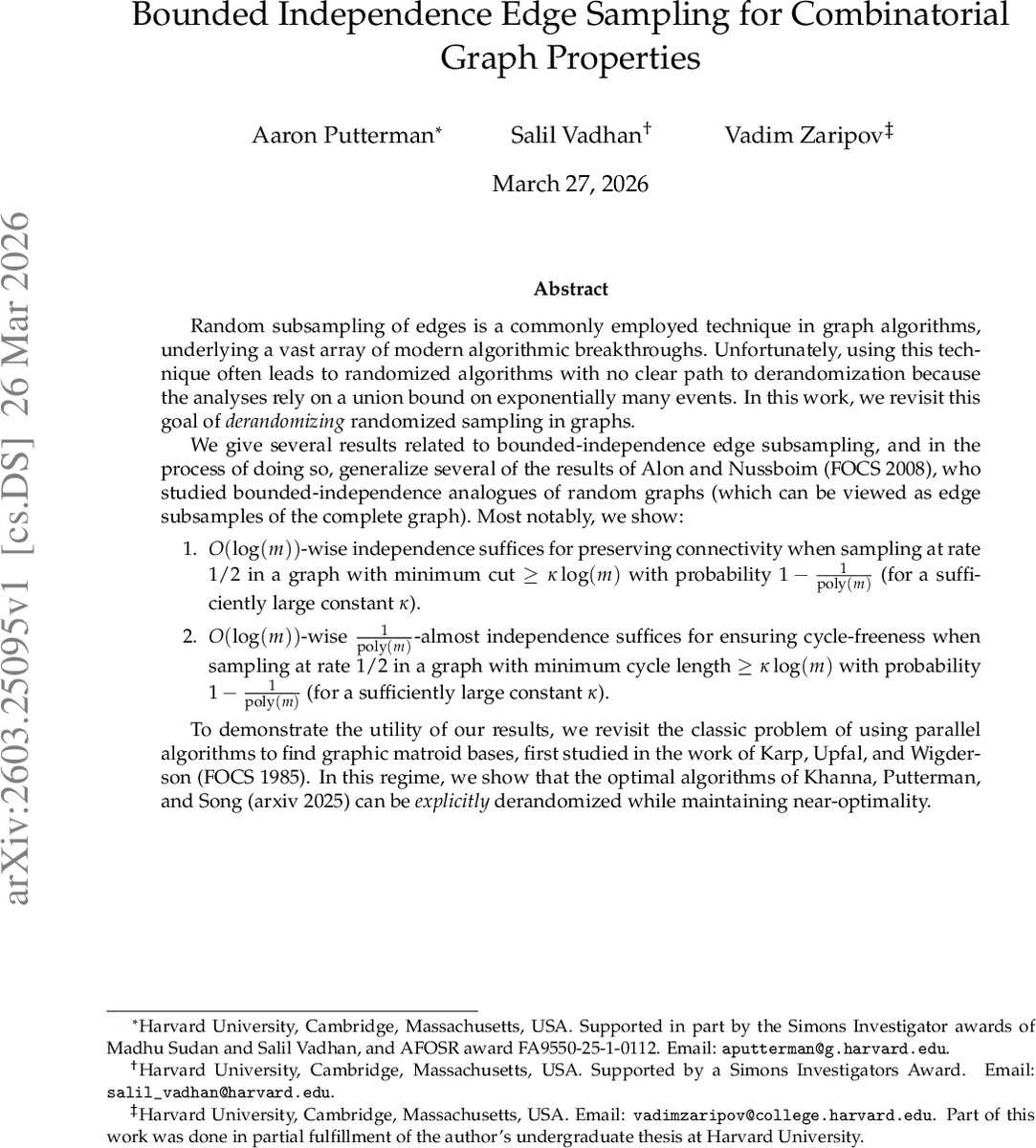제한된 독립성으로 그래프 샘플링을 정형화하고 행렬 기저 찾기를 결정론적으로 구현